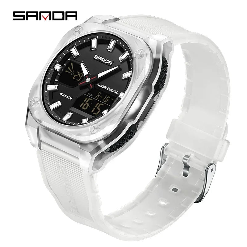 SANDA Quartz Watches for Men's Luxury Military Sport Chronograph Waterproof LED Dual Display Electronic Man Watches Reloj Hombre