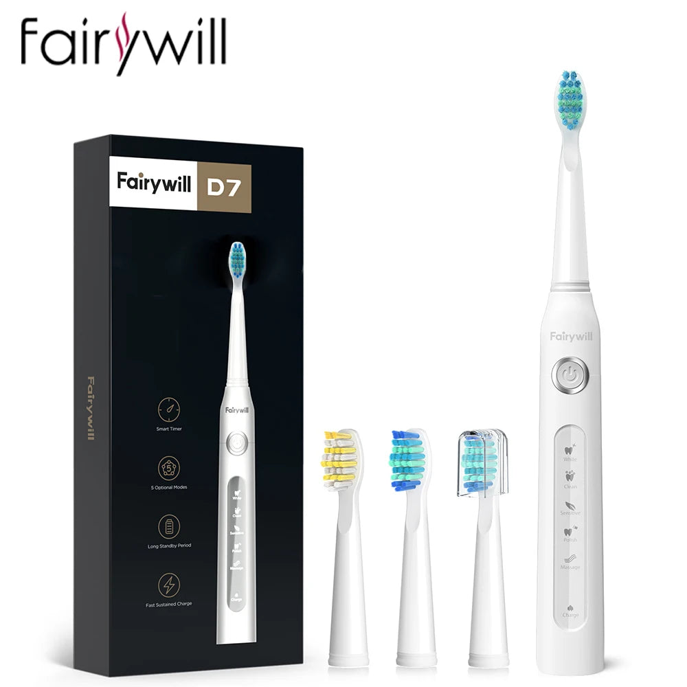 Fairywill FW-507 Electric Sonic Toothbrush | USB Rechargeable Waterproof Toothbrush with Replacement Heads for Adults
