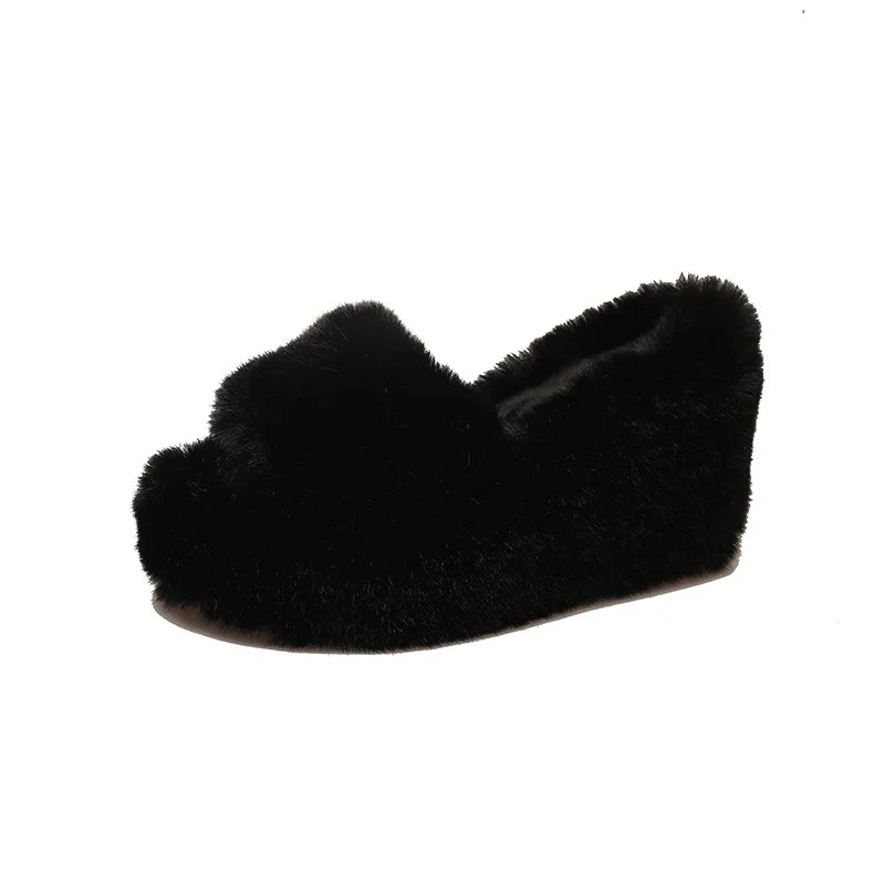 2024 Luxury New Women Feminine High-heeled Fur Drag Outdoor All-match Shoes Slippers Round Head Wedges with Mink Fur Slippers