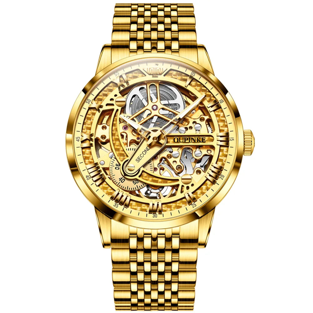 OUPINKE 3173 Men's Full Gold Watch Fully hollow out Waterproof top-level luxury automatic mechanical watch