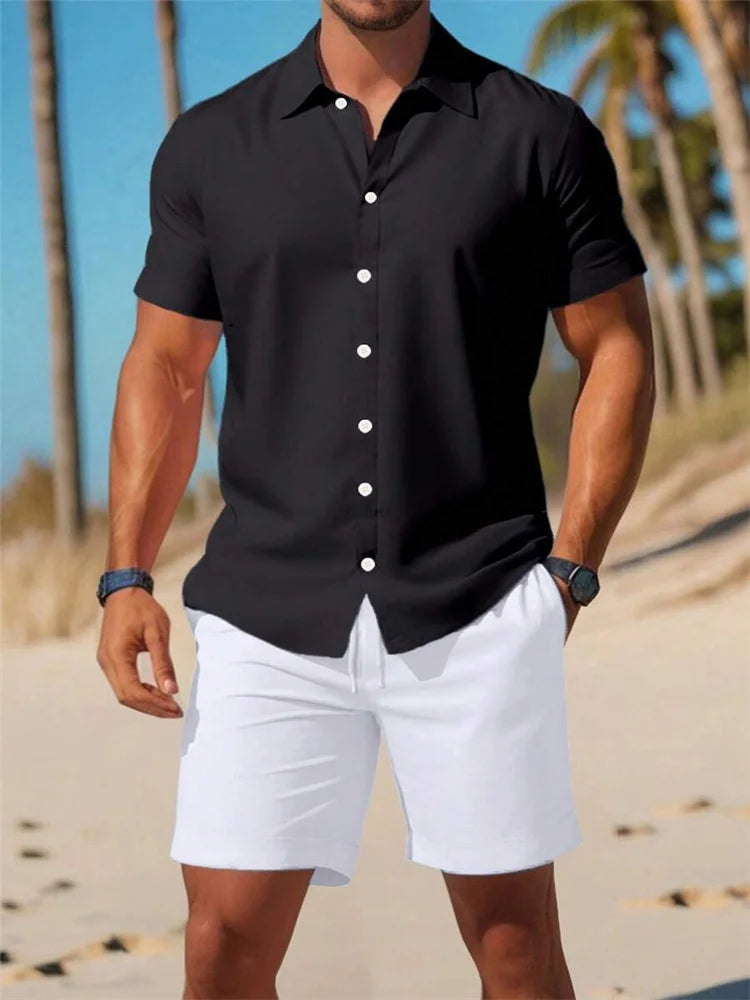 Summer Men's Solid Color Short Sleeve Shirt Set Lapel Button Front Shirt T Shirt Athletic Casual Shorts Set Hawaii Vacation Wear