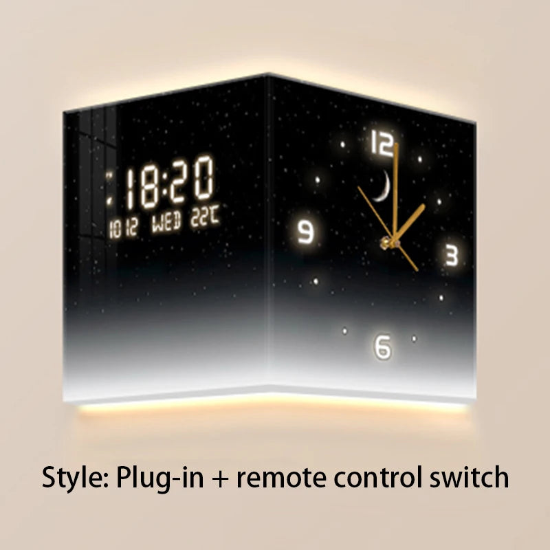 Modern Luxury Luminous Corner Wall Clock | Silent Digital Calendar Clock for Living Room & Bedroom Home Decor