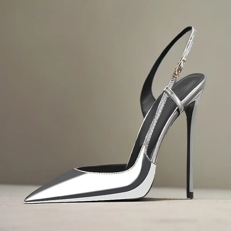 New side leakage hollowed out rear strap high-heeled sandals with black and white mirror and sexy temperament plus size shoes