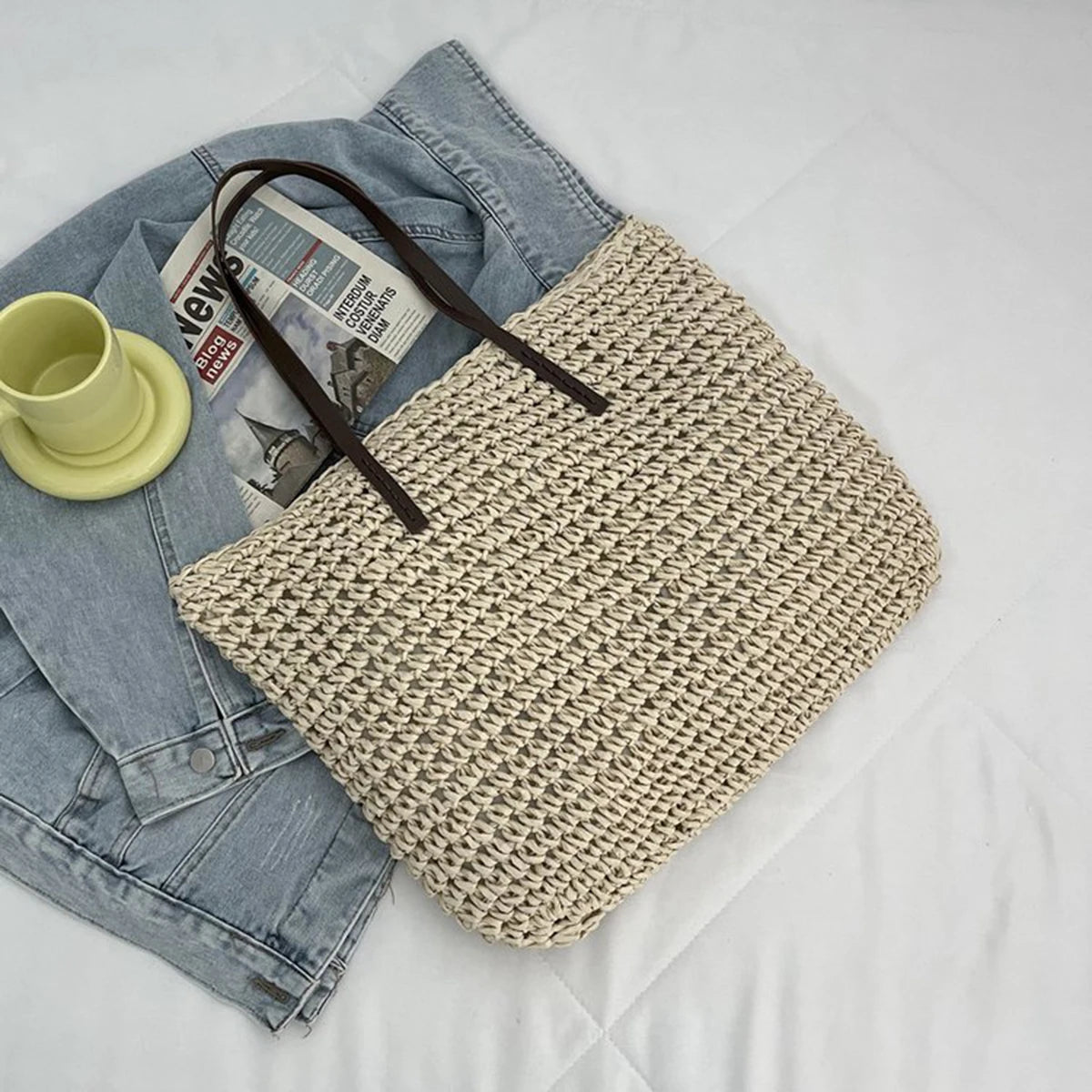 Women Handbag Summer Beach Bag Rattan Woven Handmade Knitted Straw Large Capacity Totes Leather Women Shoulder Bag Bohemia New