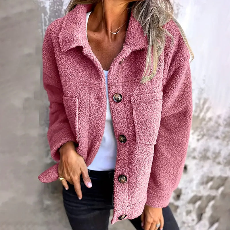 Plus Size Women's Solid Color Sherpa Jacket, Long Sleeve Lapel Single Breasted Fleece Coat With Pockets For Autumn Winter