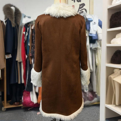Vintage Women's Long Plush Coat With Fur Collar, Winter Warm Thick Trench Jacket