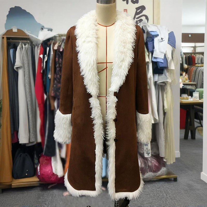 Vintage Women's Long Plush Coat With Fur Collar, Winter Warm Thick Trench Jacket