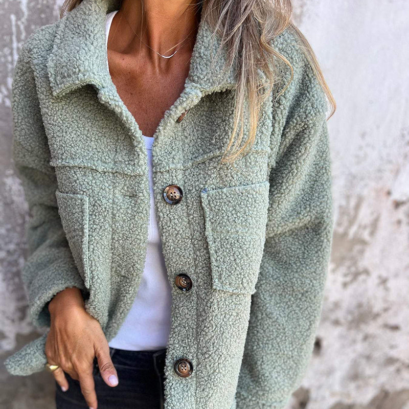 Plus Size Women's Solid Color Sherpa Jacket, Long Sleeve Lapel Single Breasted Fleece Coat With Pockets For Autumn Winter