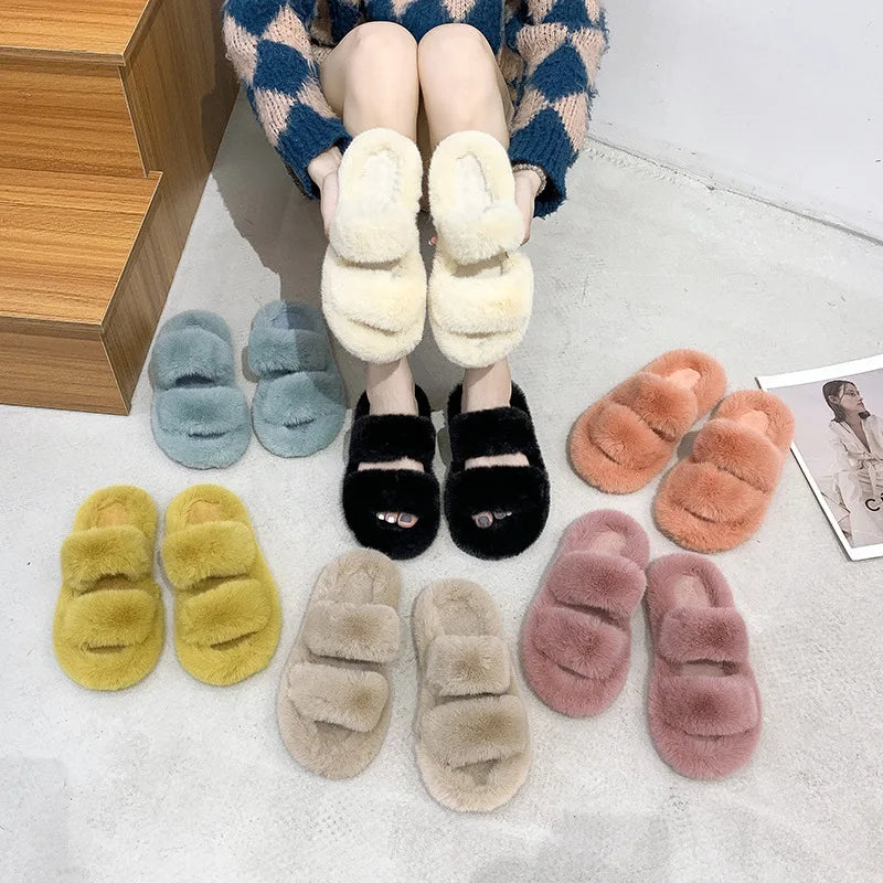 Women's 2021 Autumn/Winter New Flat Bottom One Word Warm Outerwear with Double Hairy Slippers for Foreign Trade