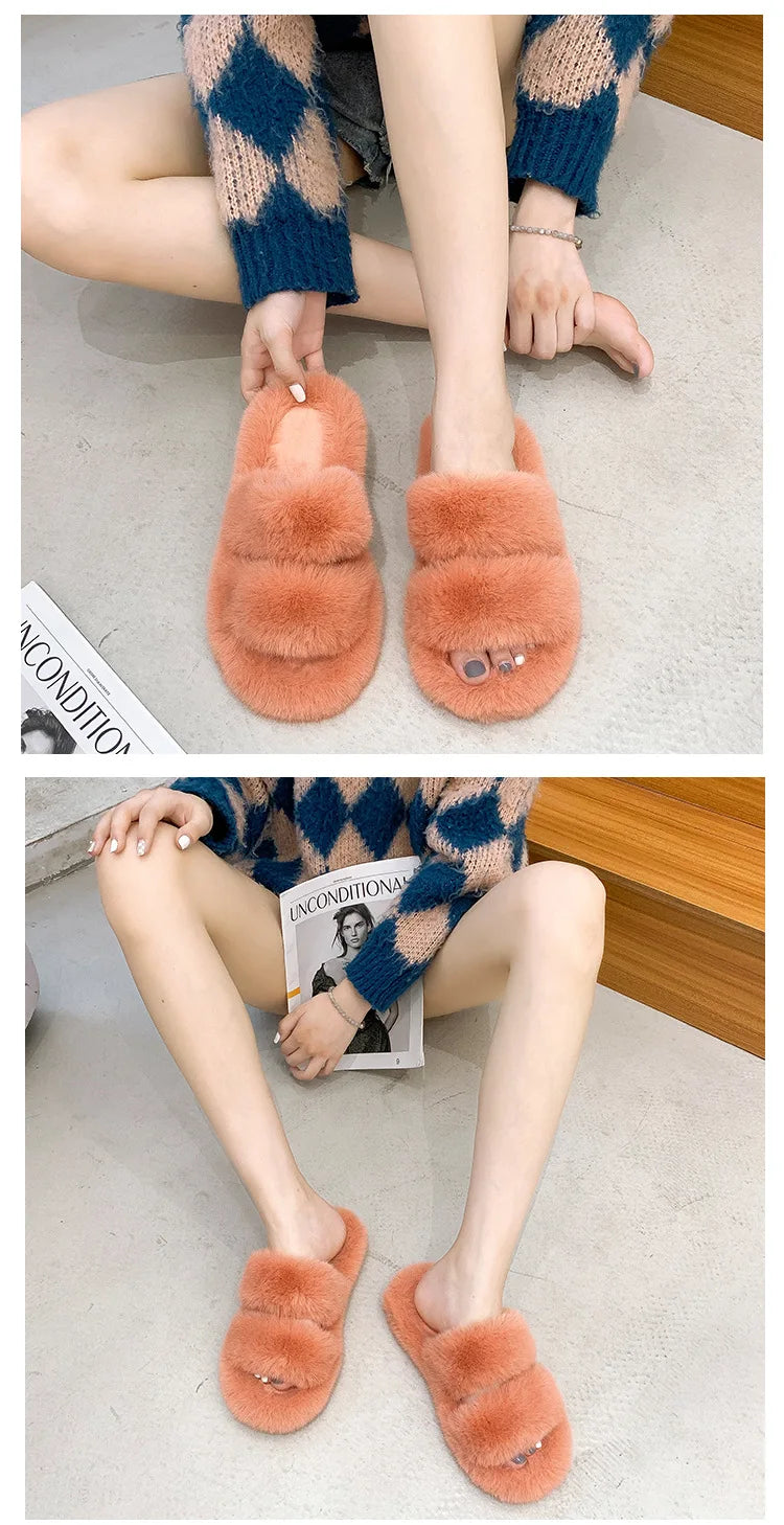 Women's 2021 Autumn/Winter New Flat Bottom One Word Warm Outerwear with Double Hairy Slippers for Foreign Trade