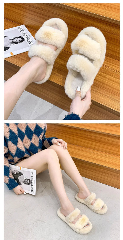 Women's 2021 Autumn/Winter New Flat Bottom One Word Warm Outerwear with Double Hairy Slippers for Foreign Trade