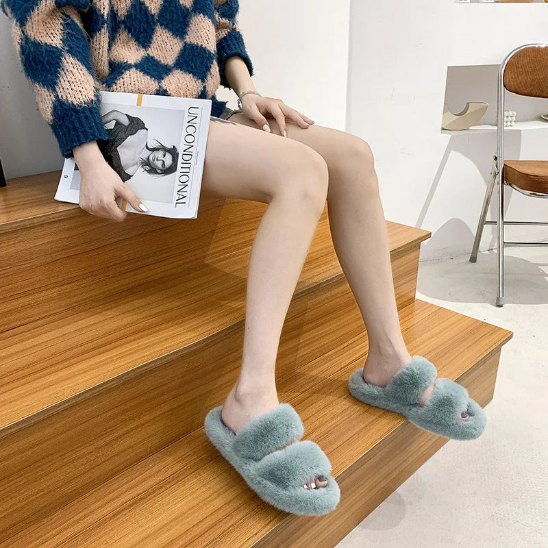Women's 2021 Autumn/Winter New Flat Bottom One Word Warm Outerwear with Double Hairy Slippers for Foreign Trade