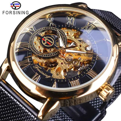 Fashion Forsining Top Brand Retro Design Skeleton Sport Mechanical Watch Luminous Hands Transparent Mesh Bracelet For Men Luxury
