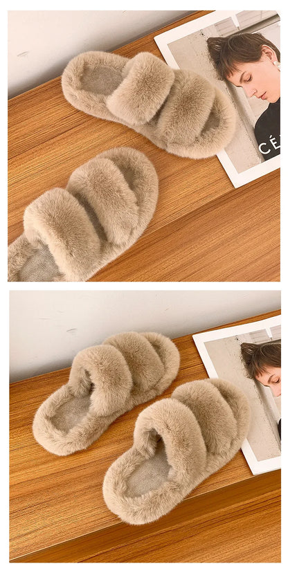 Women's 2021 Autumn/Winter New Flat Bottom One Word Warm Outerwear with Double Hairy Slippers for Foreign Trade