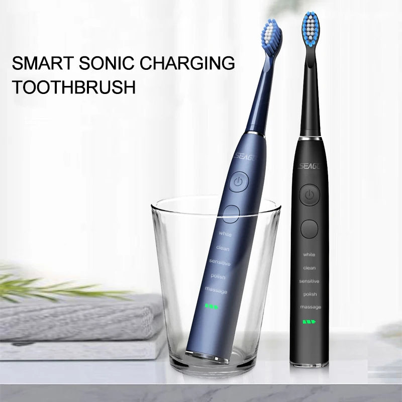 Seago SG-575 Sonic Electric Toothbrush | USB Rechargeable Toothbrush with 360-Day Battery Life, 4 Brush Heads & Travel Box