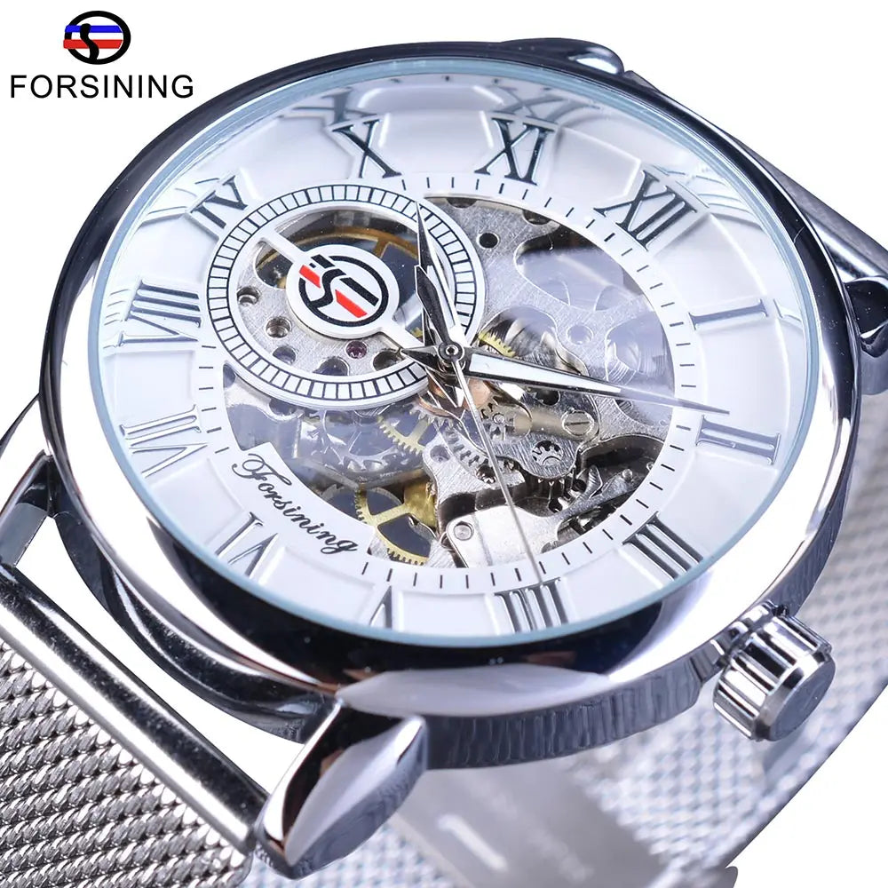 Fashion Forsining Top Brand Retro Design Skeleton Sport Mechanical Watch Luminous Hands Transparent Mesh Bracelet For Men Luxury