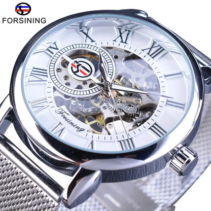 Fashion Forsining Top Brand Retro Design Skeleton Sport Mechanical Watch Luminous Hands Transparent Mesh Bracelet For Men Luxury
