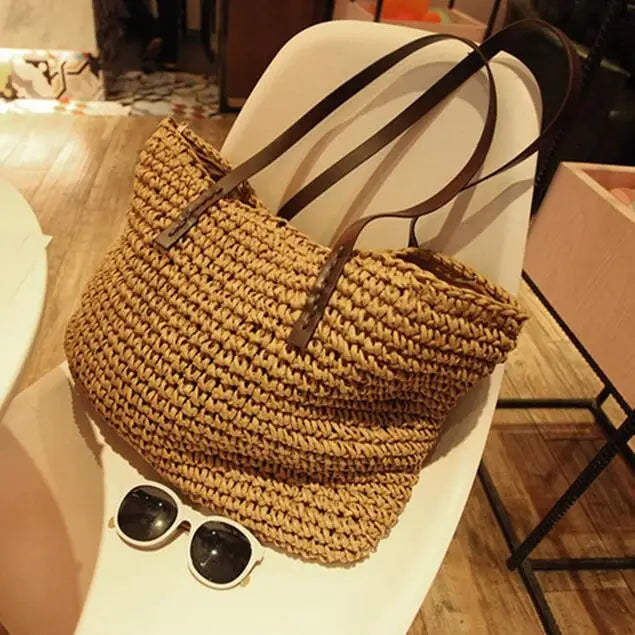 Women Handbag Summer Beach Bag Rattan Woven Handmade Knitted Straw Large Capacity Totes Leather Women Shoulder Bag Bohemia New
