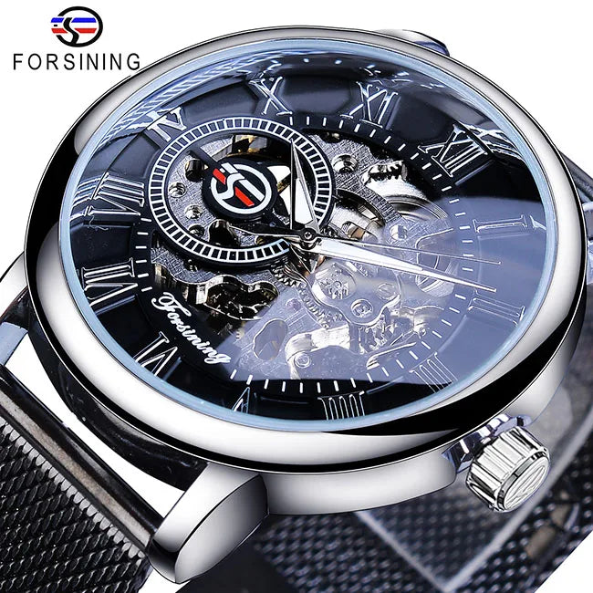 Fashion Forsining Top Brand Retro Design Skeleton Sport Mechanical Watch Luminous Hands Transparent Mesh Bracelet For Men Luxury