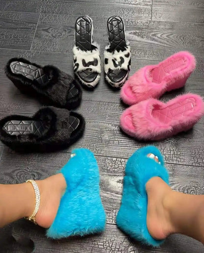 New Fur Slippers Women's Wedge Heel Shoes Women High-heeled Furry Drag Fashion Outdoor All-match Shoes Slippers Furry Slides