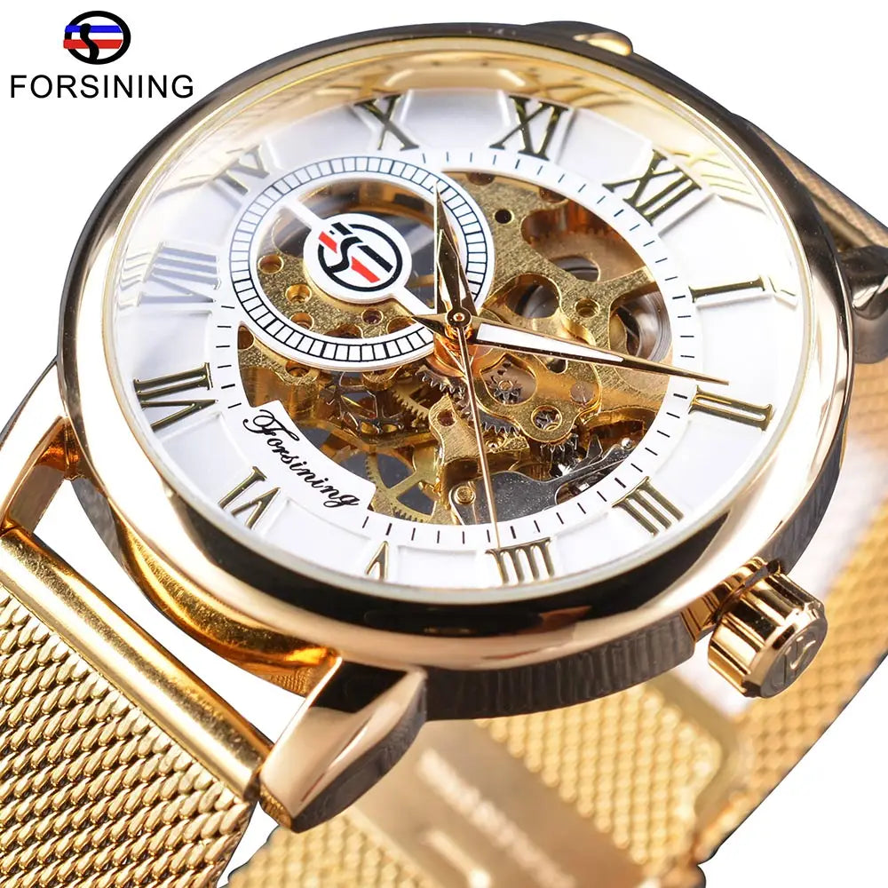 Fashion Forsining Top Brand Retro Design Skeleton Sport Mechanical Watch Luminous Hands Transparent Mesh Bracelet For Men Luxury