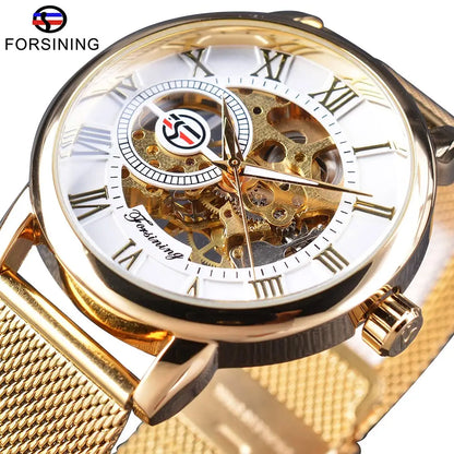 Fashion Forsining Top Brand Retro Design Skeleton Sport Mechanical Watch Luminous Hands Transparent Mesh Bracelet For Men Luxury