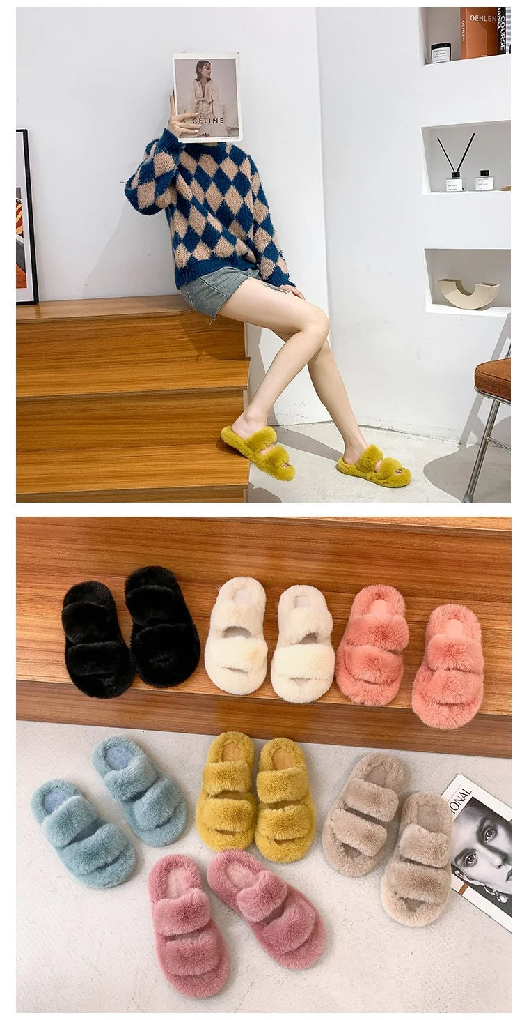 Women's 2021 Autumn/Winter New Flat Bottom One Word Warm Outerwear with Double Hairy Slippers for Foreign Trade