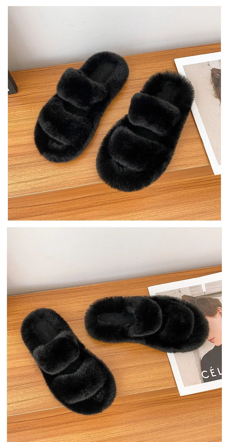 Women's 2021 Autumn/Winter New Flat Bottom One Word Warm Outerwear with Double Hairy Slippers for Foreign Trade