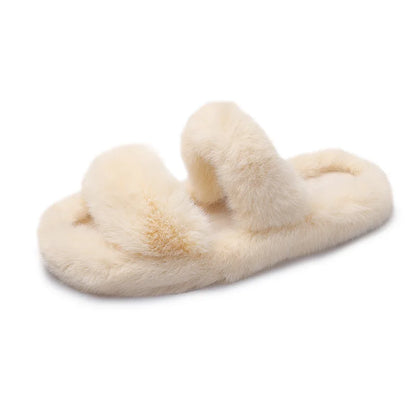 Women's 2021 Autumn/Winter New Flat Bottom One Word Warm Outerwear with Double Hairy Slippers for Foreign Trade