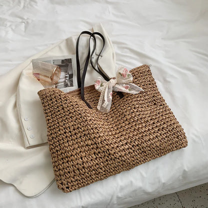 Women Handbag Summer Beach Bag Rattan Woven Handmade Knitted Straw Large Capacity Totes Leather Women Shoulder Bag Bohemia New