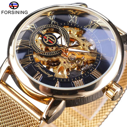 Fashion Forsining Top Brand Retro Design Skeleton Sport Mechanical Watch Luminous Hands Transparent Mesh Bracelet For Men Luxury
