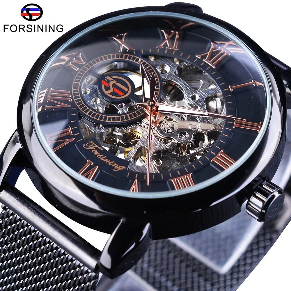 Fashion Forsining Top Brand Retro Design Skeleton Sport Mechanical Watch Luminous Hands Transparent Mesh Bracelet For Men Luxury