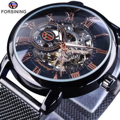 Fashion Forsining Top Brand Retro Design Skeleton Sport Mechanical Watch Luminous Hands Transparent Mesh Bracelet For Men Luxury