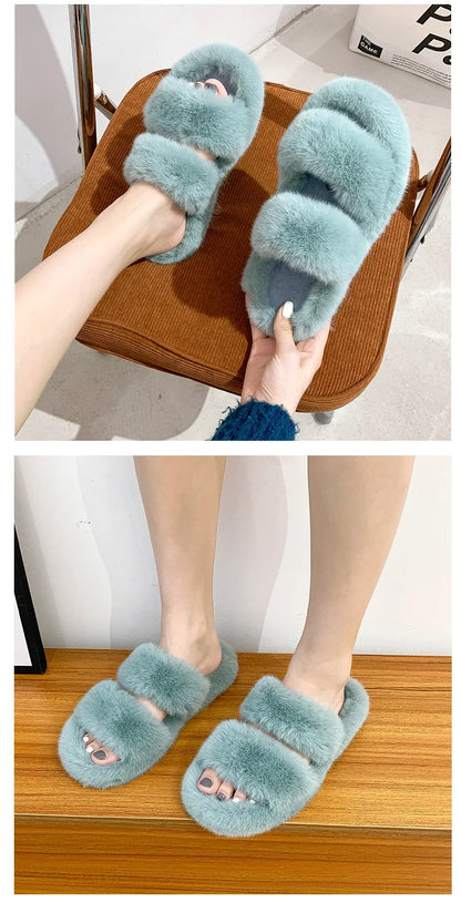 Women's 2021 Autumn/Winter New Flat Bottom One Word Warm Outerwear with Double Hairy Slippers for Foreign Trade