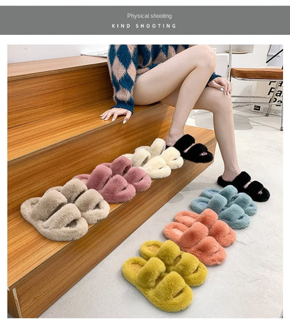 Women's 2021 Autumn/Winter New Flat Bottom One Word Warm Outerwear with Double Hairy Slippers for Foreign Trade