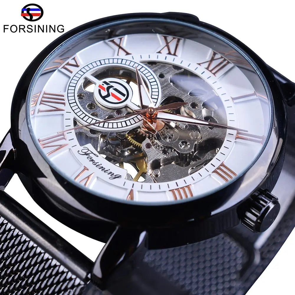 Fashion Forsining Top Brand Retro Design Skeleton Sport Mechanical Watch Luminous Hands Transparent Mesh Bracelet For Men Luxury