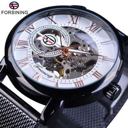 Fashion Forsining Top Brand Retro Design Skeleton Sport Mechanical Watch Luminous Hands Transparent Mesh Bracelet For Men Luxury