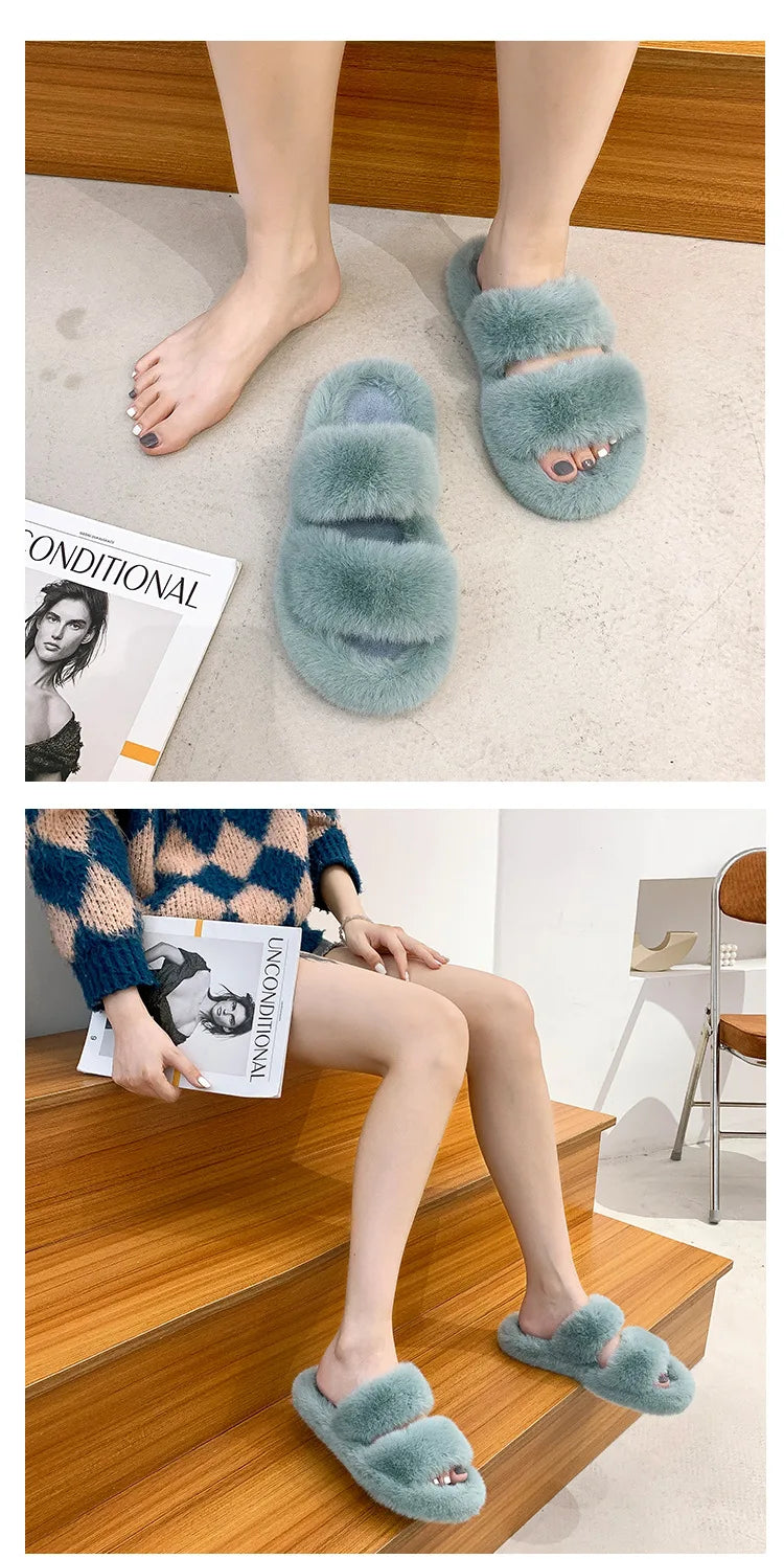 Women's 2021 Autumn/Winter New Flat Bottom One Word Warm Outerwear with Double Hairy Slippers for Foreign Trade