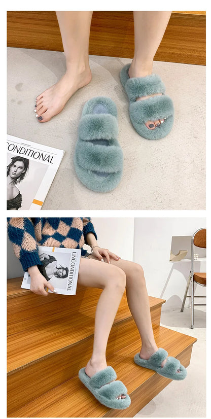 Women's 2021 Autumn/Winter New Flat Bottom One Word Warm Outerwear with Double Hairy Slippers for Foreign Trade