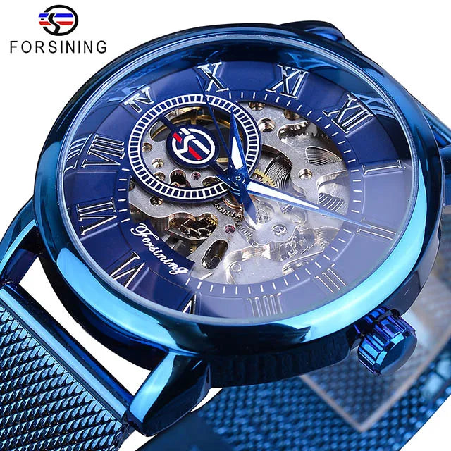 Fashion Forsining Top Brand Retro Design Skeleton Sport Mechanical Watch Luminous Hands Transparent Mesh Bracelet For Men Luxury