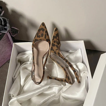 2025 Sexy Design Pointed Toe Leopard Print Horse Hair Gold Heels Sling Back Shoes Sandal for Women