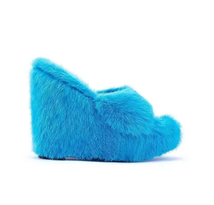 New Fur Slippers Women's Wedge Heel Shoes Women High-heeled Furry Drag Fashion Outdoor All-match Shoes Slippers Furry Slides