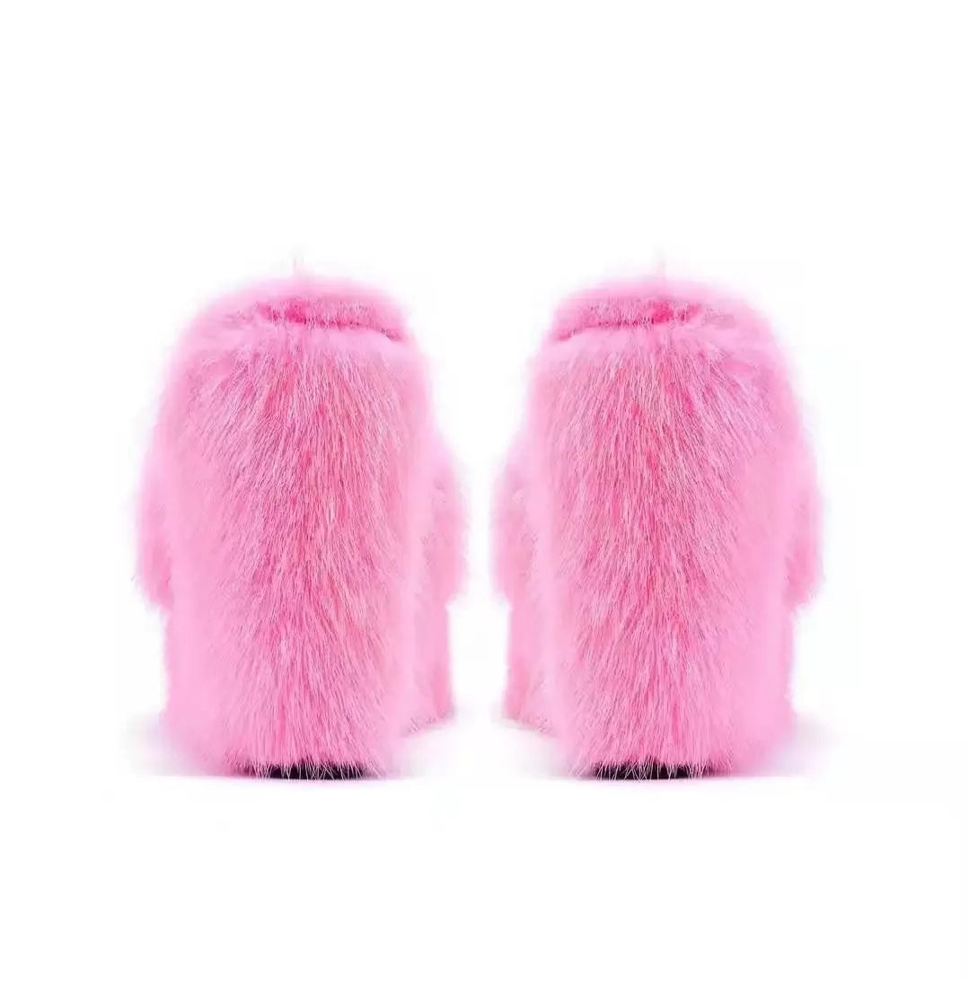 New Fur Slippers Women's Wedge Heel Shoes Women High-heeled Furry Drag Fashion Outdoor All-match Shoes Slippers Furry Slides