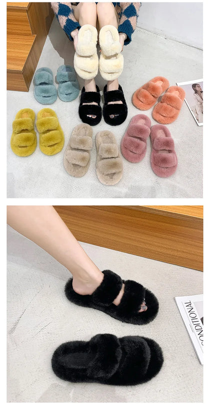 Women's 2021 Autumn/Winter New Flat Bottom One Word Warm Outerwear with Double Hairy Slippers for Foreign Trade