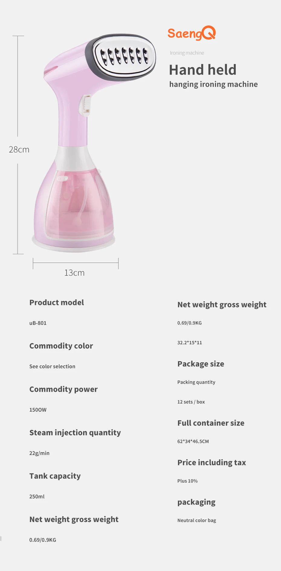 SaengQ 1500W Handheld Garment Steamer | Fast-Heat Portable Fabric Steam Iron with 280ml Tank for Clothes & Home Use