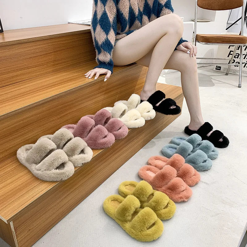 Women's 2021 Autumn/Winter New Flat Bottom One Word Warm Outerwear with Double Hairy Slippers for Foreign Trade