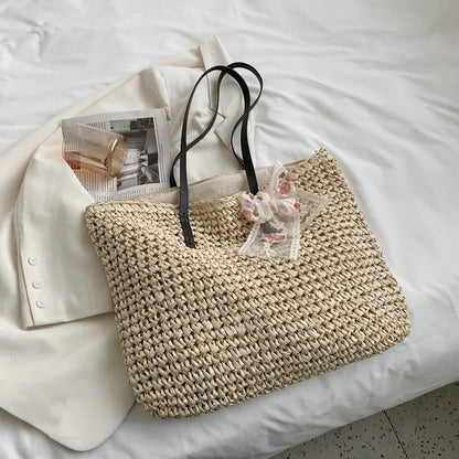 Women Handbag Summer Beach Bag Rattan Woven Handmade Knitted Straw Large Capacity Totes Leather Women Shoulder Bag Bohemia New