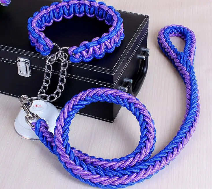 Double Strand Rope Dog Leash & Collar Set | Metal P-Chain Buckle, National Color Design for Large Dogs – 1.2m Length