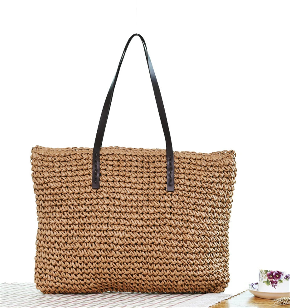 Women Handbag Summer Beach Bag Rattan Woven Handmade Knitted Straw Large Capacity Totes Leather Women Shoulder Bag Bohemia New