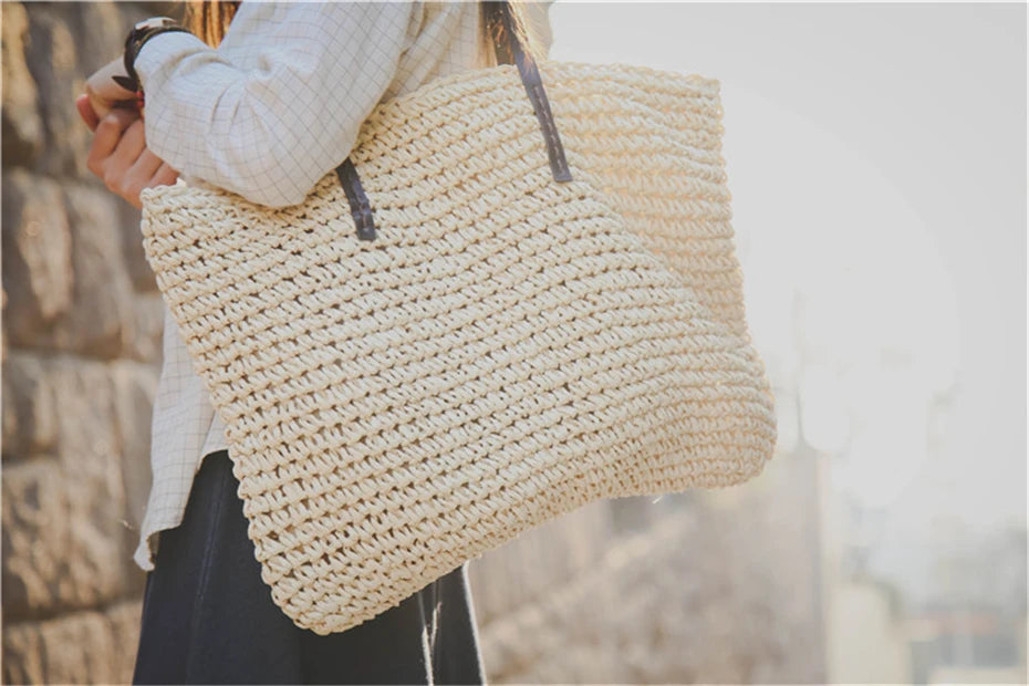 Women Handbag Summer Beach Bag Rattan Woven Handmade Knitted Straw Large Capacity Totes Leather Women Shoulder Bag Bohemia New